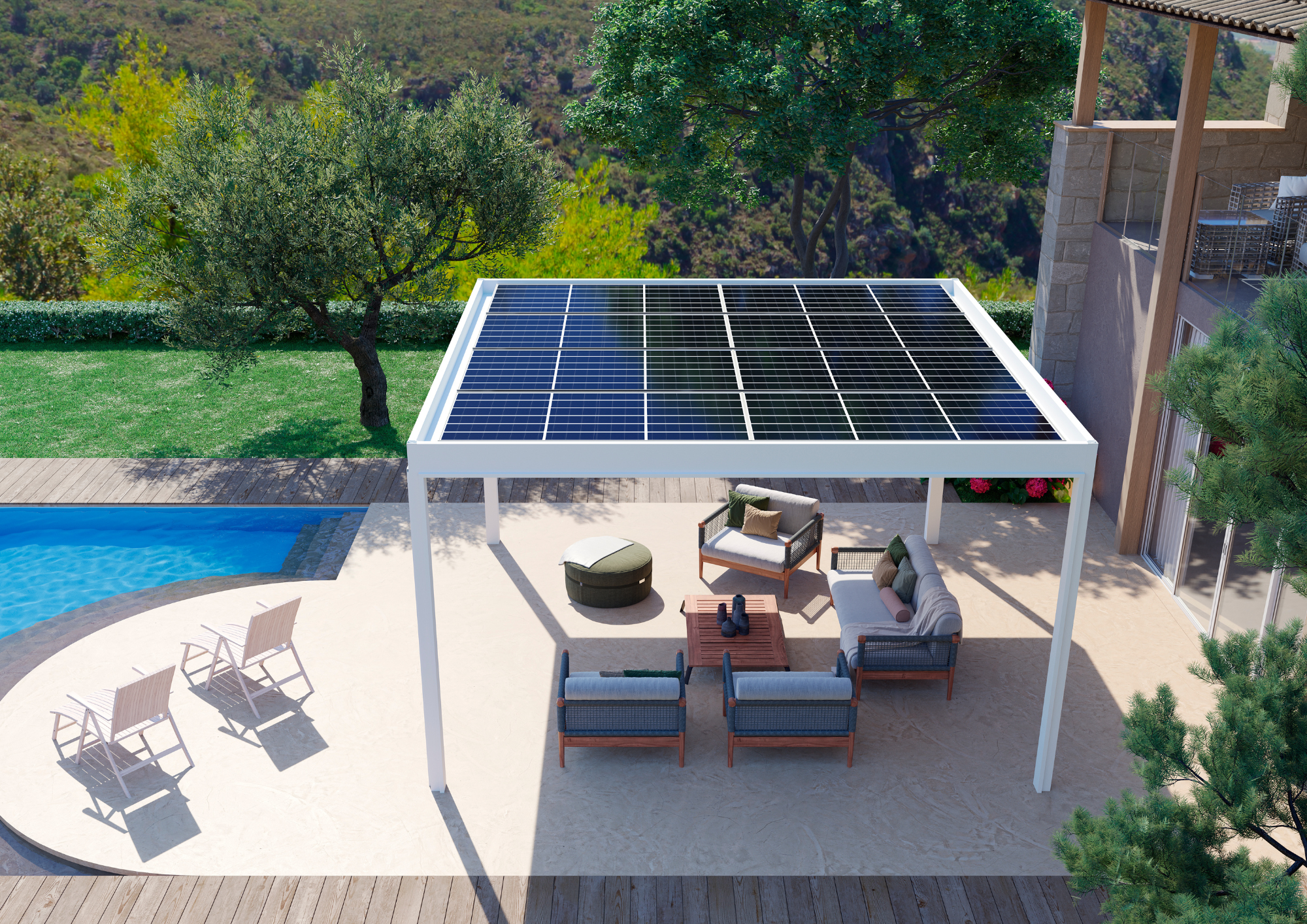 pergola bioclimatica fotovoltaica a bordo piscina